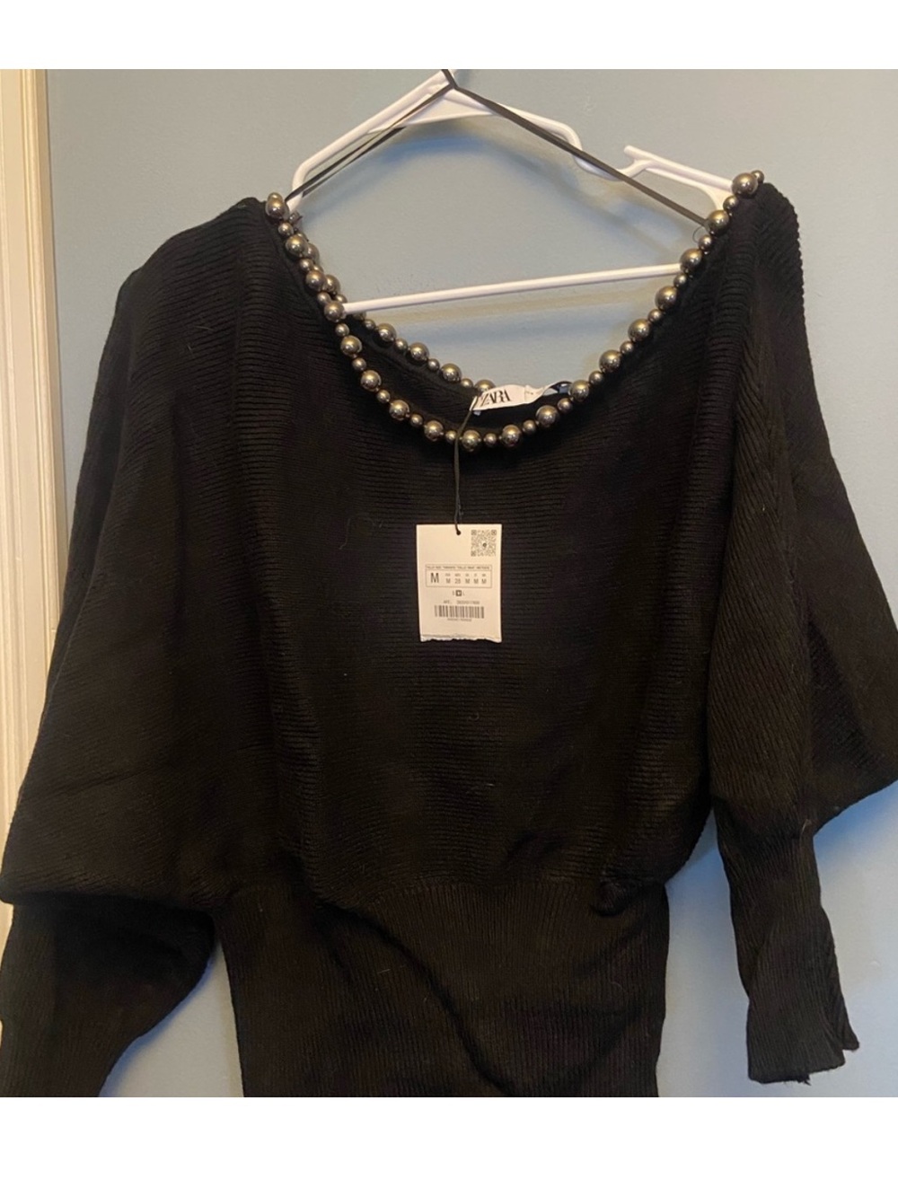 Zara Black Off-the-Shoulder Pearl-Trim Sweater